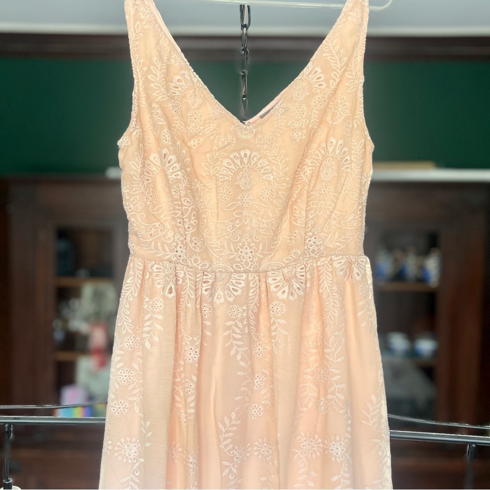 Anthropology Small Nude/Pink eyelet lace embroidered V-neck dress.